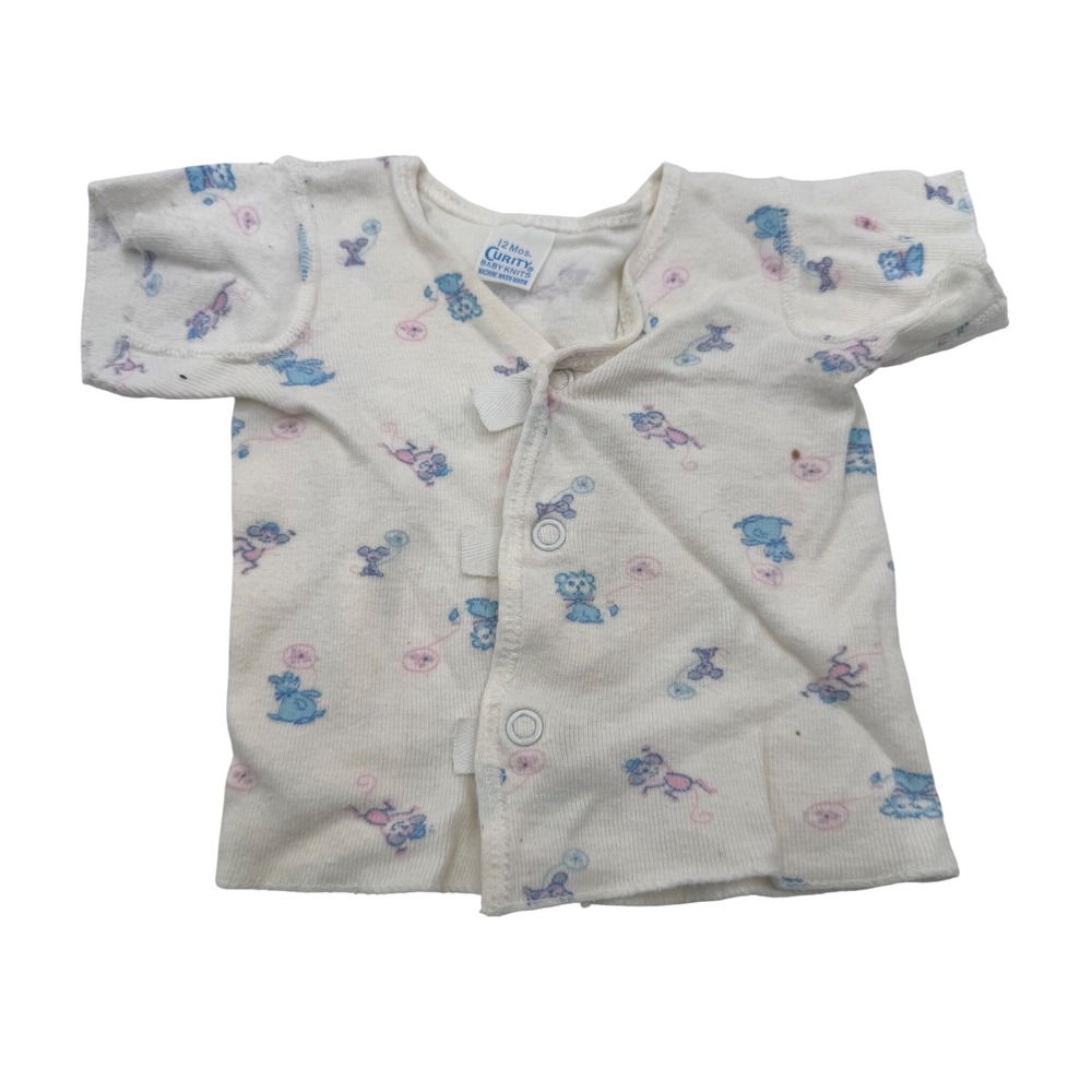 Curity 12 Mos. White Snap Front Shirt Kids Vintage Bear Print Short Sleeve